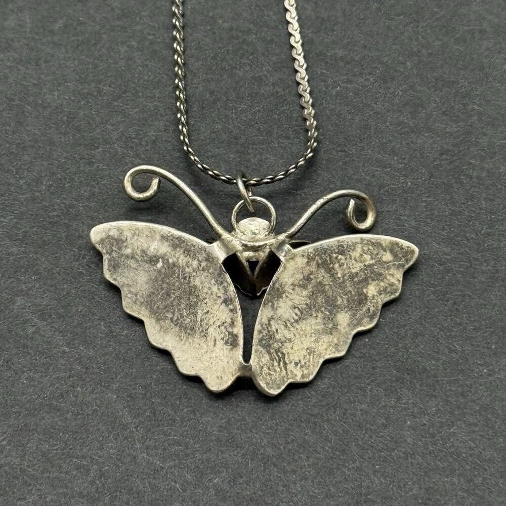 Vintage Sterling Silver Mother of Pearl Butterfly Pendant Necklace Carved Shell - Picture 5 of 7